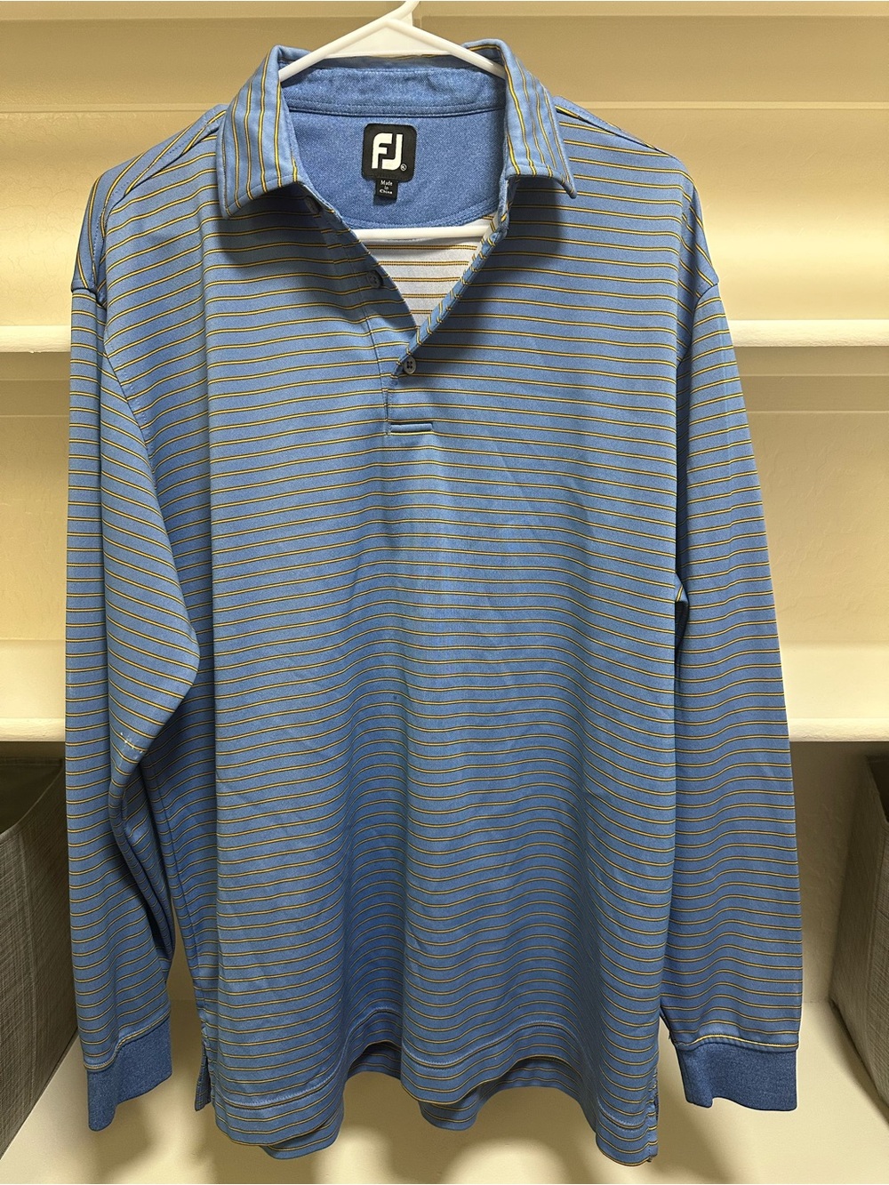 FootJoy Blue Long-Sleeve Polo with Yellow Pinstripes
